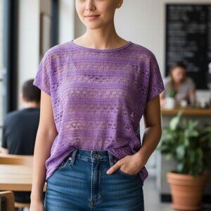 Aeropostale S/P Lace Front Purple T-Shirt For Women Cotton/Polyester Blend Casua